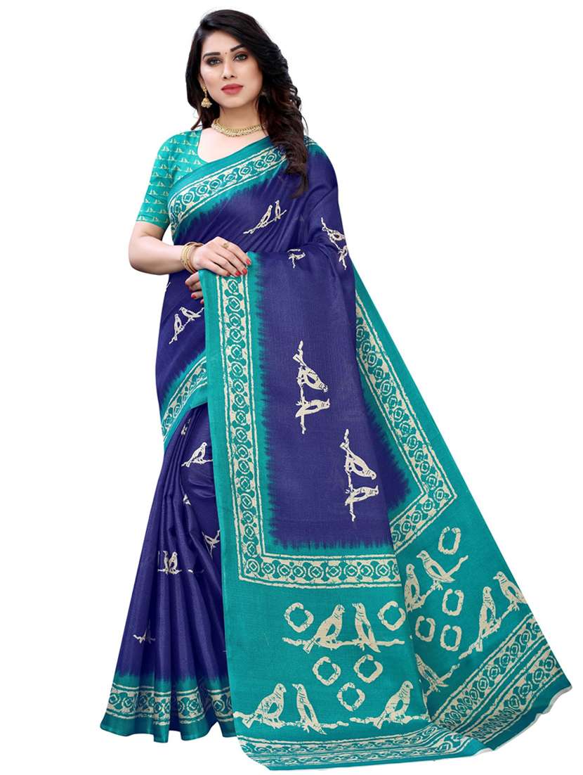 dark blue printed plain saree with blouse - 19430129 -  Zoom Image - 0