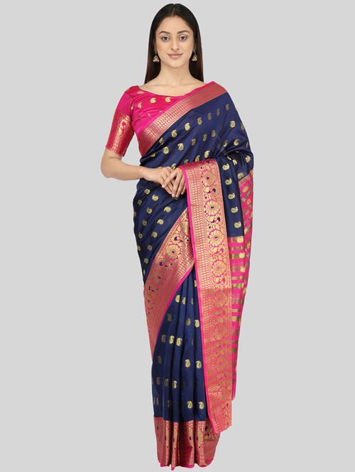 dark blue self design saree with blouse - 19431587 - Standard Image - 0