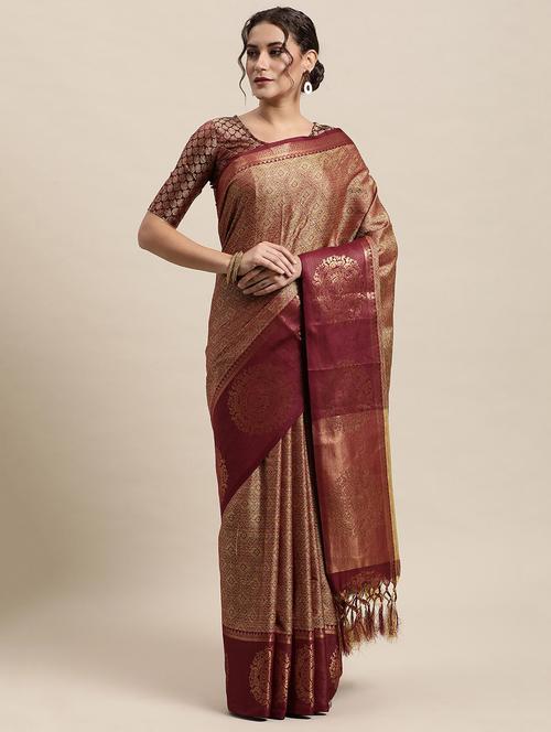 maroon self design saree with blouse - 19431621 - Standard Image - 0