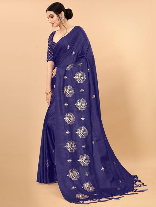 dark blue self design saree with blouse - 19431642 - Standard Image - 0