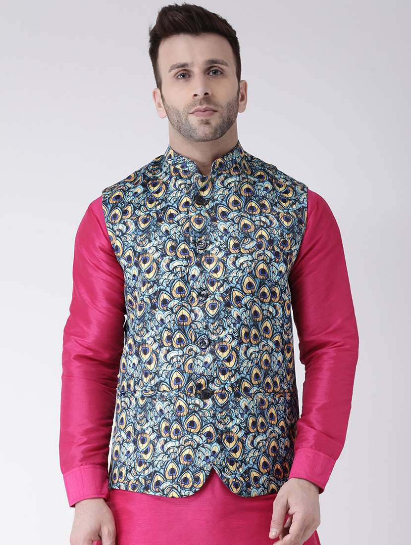 blue printed nehru jacket