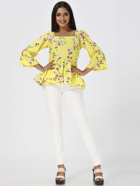 yellow printed peplum top - 19435451 -  Zoom Image - 0