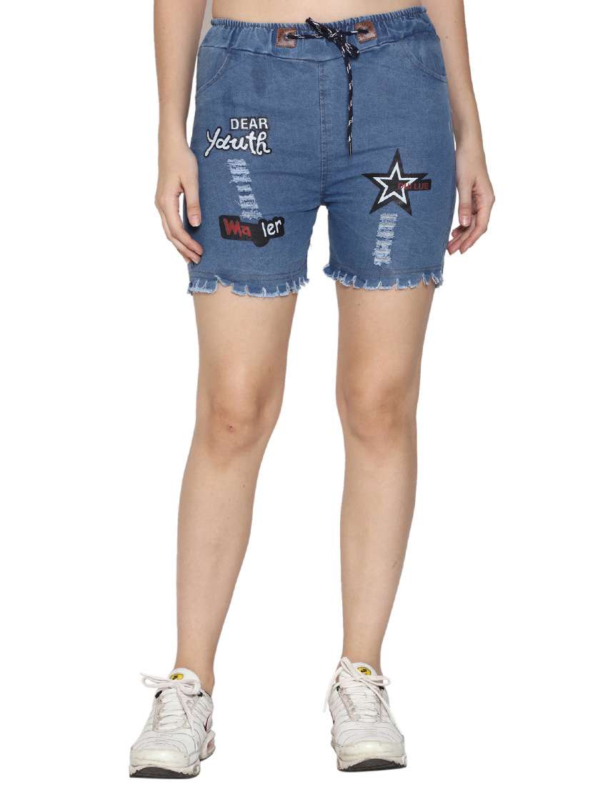 blue embroidered denim denim shorts