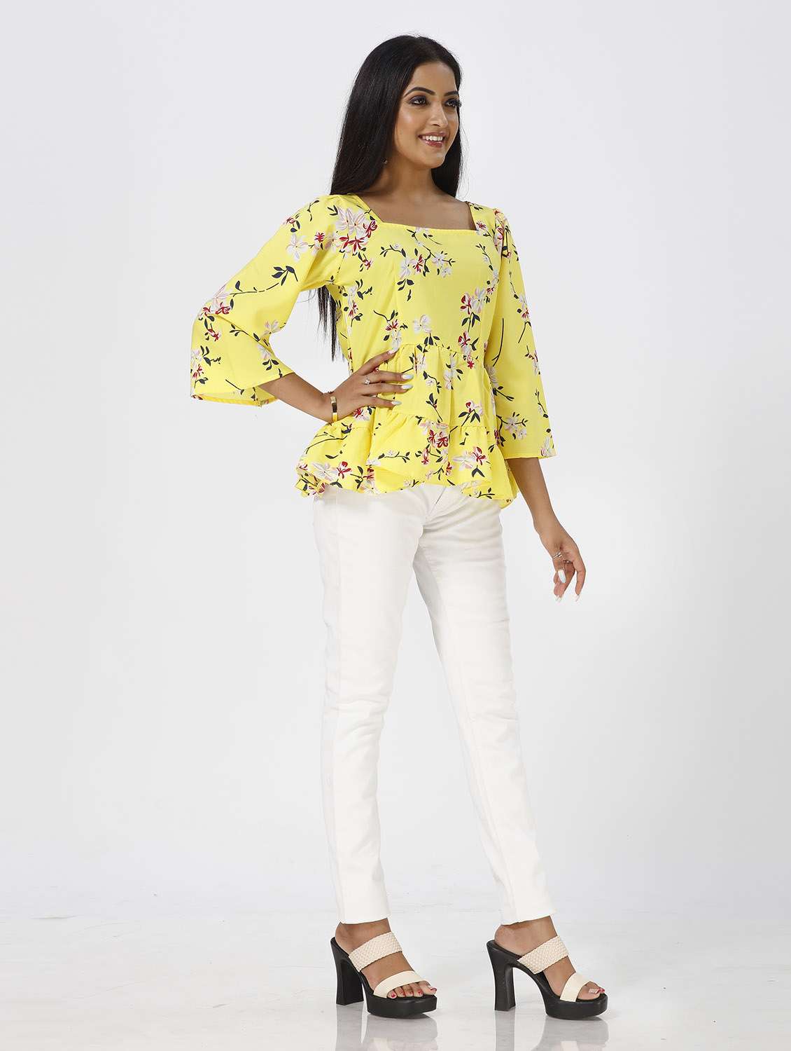 yellow floral print peplum top - 19437087 - Standard Image - 3