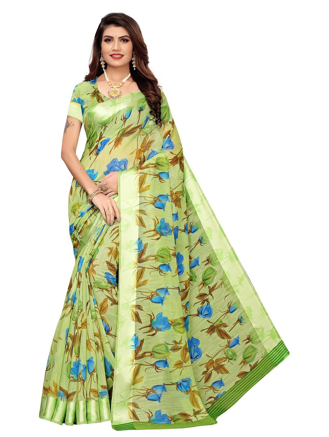 light green linen printed saree with blouse - 19437174 - Zoom Image - 0