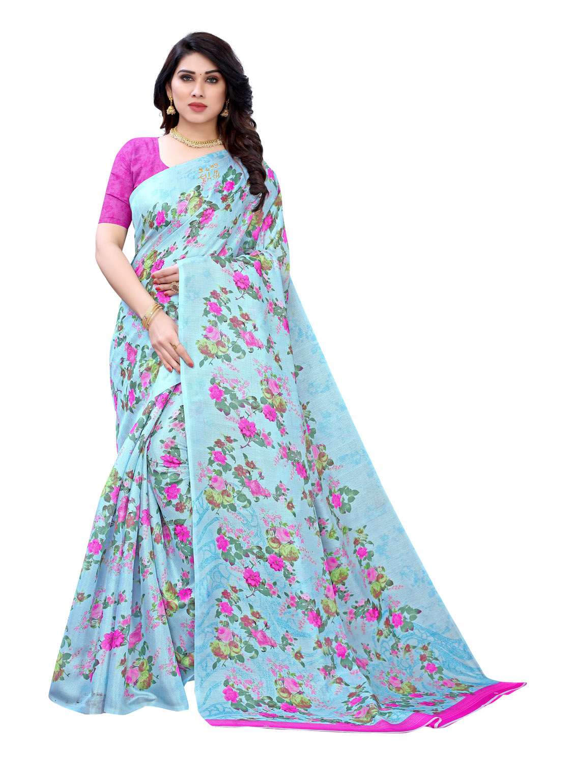 light blue printed saree with blouse - 19437175 - Zoom Image - 0
