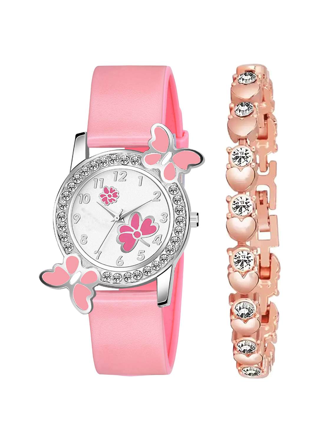 pink leatherette watch & bracelet combo