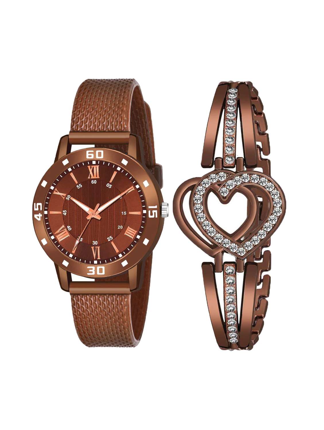 brown leatherette watch & bracelet combo