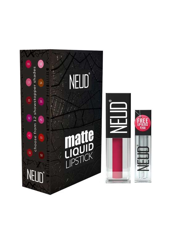 neud matte liquid lipstick hottie crush with almond oil,vitamin e,smudge proof 12-hour stay formula with free lip gloss-1 pack