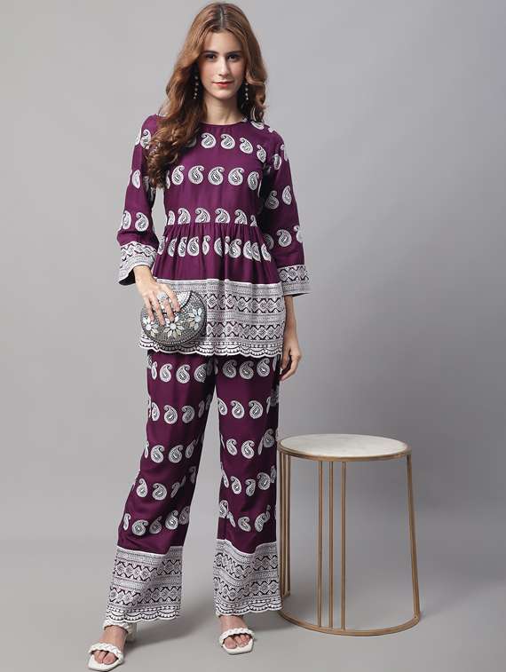 purple printed top and trouser set