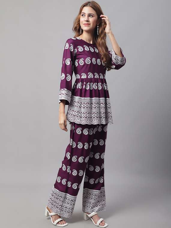 purple printed top and trouser set - 19453088 - Standard Image - 3