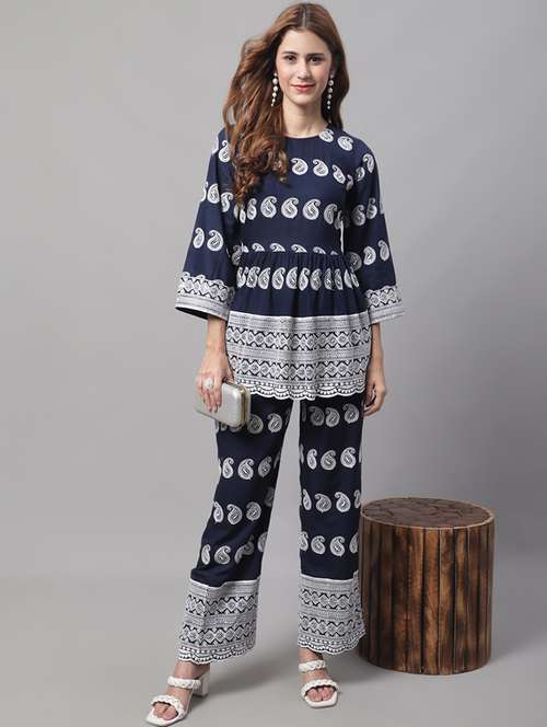 navy blue printed top and trouser set - 19453089 -  Standard Image - 0