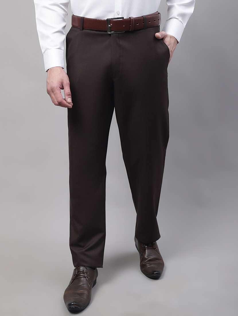 brown cotton blend flat front formal trouser