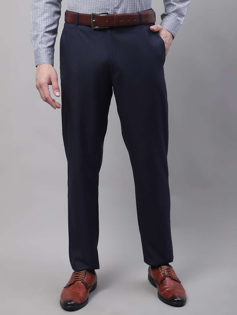 navy blue cotton blend flat front formal trouser