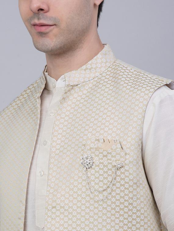 beige self design kurta pyjama with nehru jacket - 19453219 - Standard Image - 5