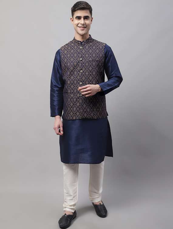 blue self design kurta pyjama with nehru jacket