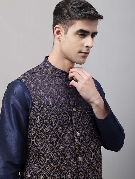 blue self design kurta pyjama with nehru jacket - 19453227 -  Standard Image - 5