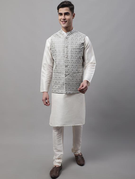 self design kurta pyjama with nehru jacket - 19453231 - Zoom Image - 0