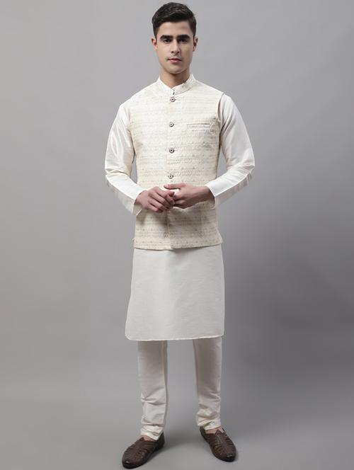 white self design kurta pyjama with nehru jacket - 19453232 - Standard Image - 0
