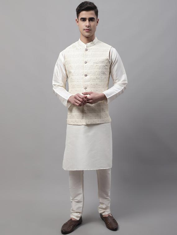 white self design kurta pyjama with nehru jacket - 19453232 - Zoom Image - 0