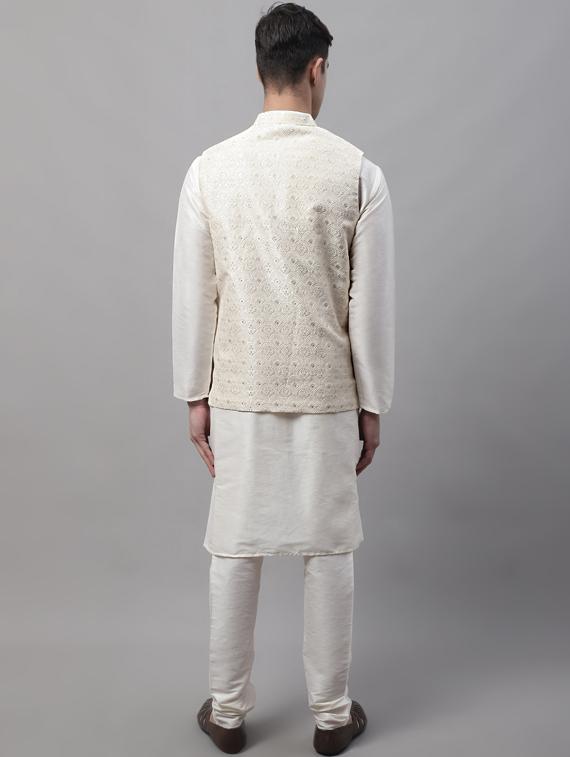 white self design kurta pyjama with nehru jacket - 19453232 - Standard Image - 3