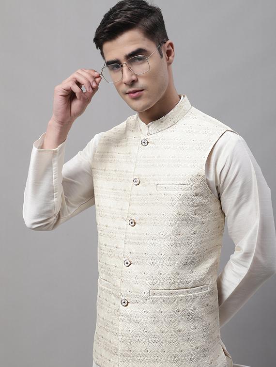 white self design kurta pyjama with nehru jacket - 19453232 - Standard Image - 5