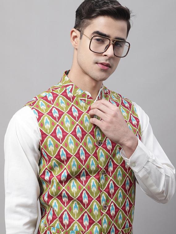 printed kurta pyjama with nehru jacket - 19453235 - Standard Image - 5