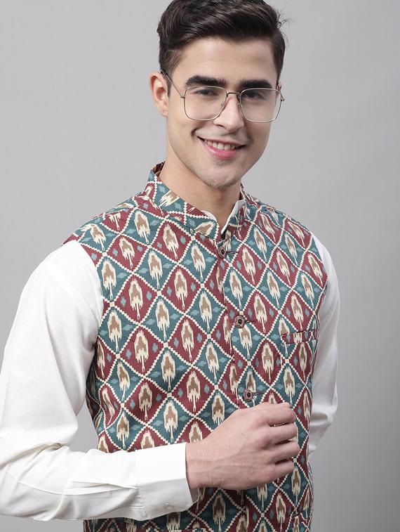 printed kurta pyjama with nehru jacket - 19453236 - Standard Image - 5