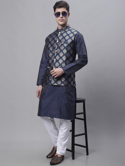 navy blue printed kurta pyjama with nehru jacket - 19453244 - Standard Image - 0