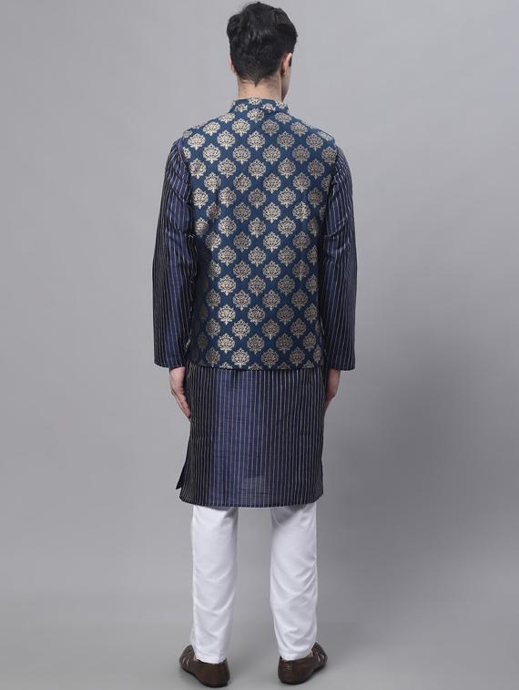 navy blue printed kurta pyjama with nehru jacket - 19453244 - Standard Image - 3