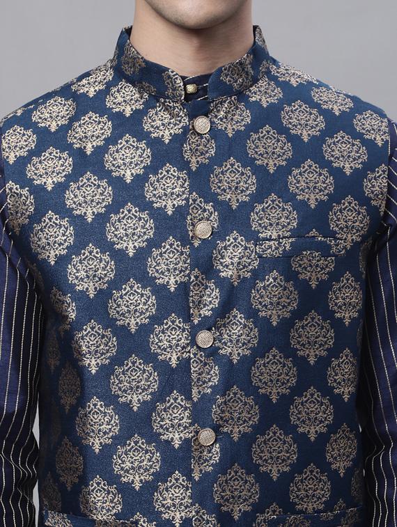 navy blue printed kurta pyjama with nehru jacket - 19453244 - Standard Image - 5