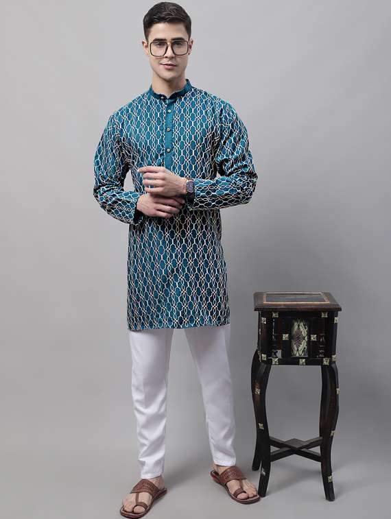 teal blue embroidered kurta pyjama set - 19453320 - Zoom Image - 0