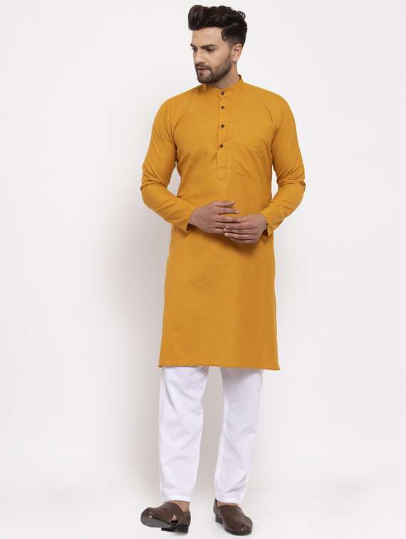 mustard solid cotton kurta pyjama set