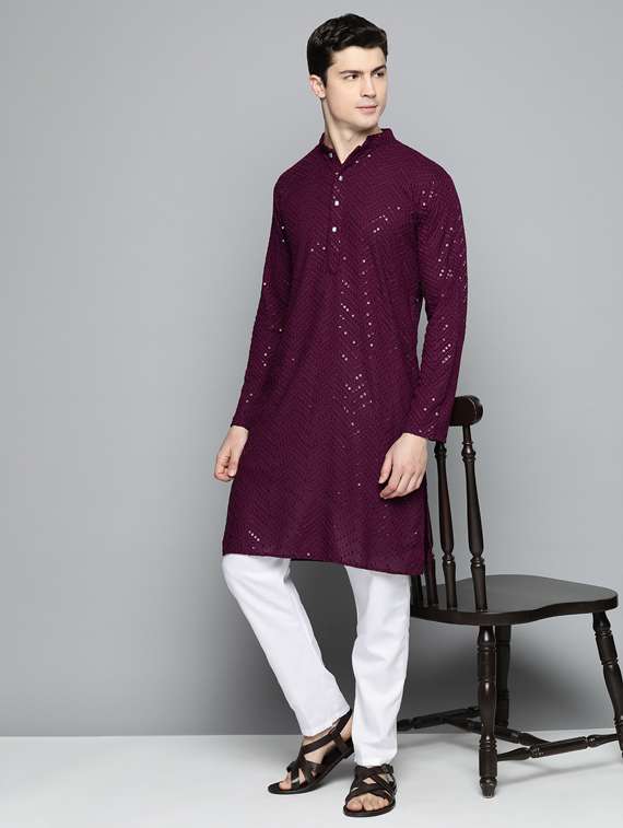 purple embroidered long kurta - 19453419 -  Standard Image - 3