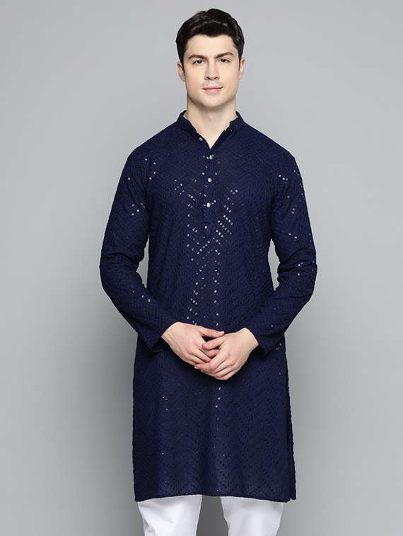 navy blue embroidered long kurta - 19453421 -  Zoom Image - 0