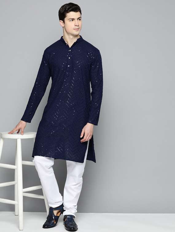 navy blue embroidered long kurta - 19453421 - Standard Image - 3