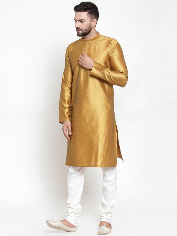 gold mens self design long kurta - 19453486 - Standard Image - 3