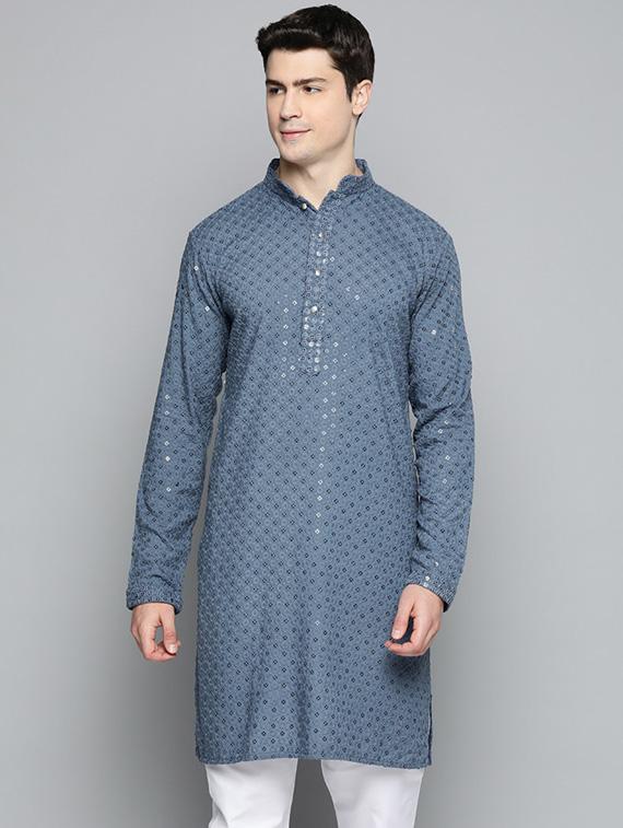 men grey embroidered long kurta - 19453499 -  Zoom Image - 0