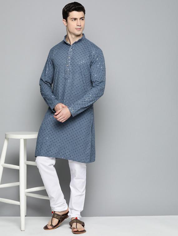 men grey embroidered long kurta - 19453499 - Standard Image - 3