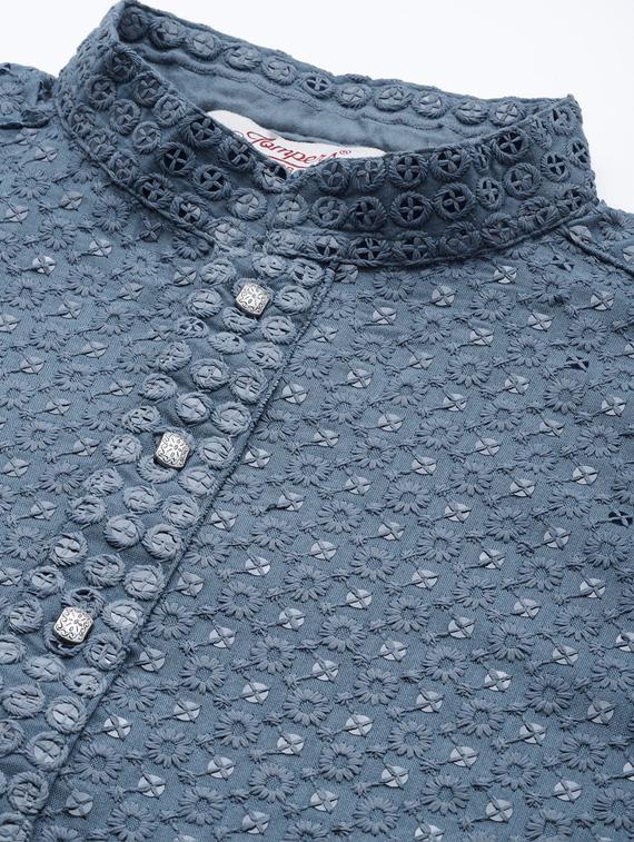 men grey embroidered long kurta - 19453499 - Standard Image - 5