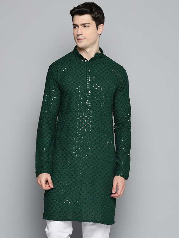 men green embroidered long kurta