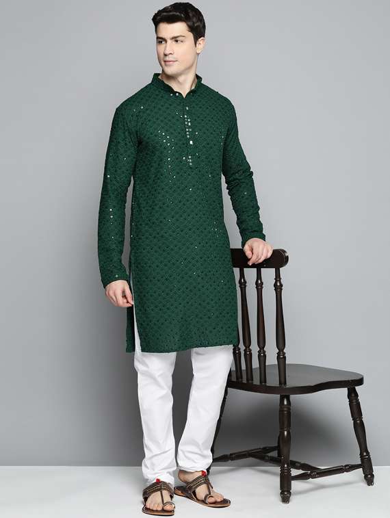 men green embroidered long kurta - 19453512 -  Standard Image - 3