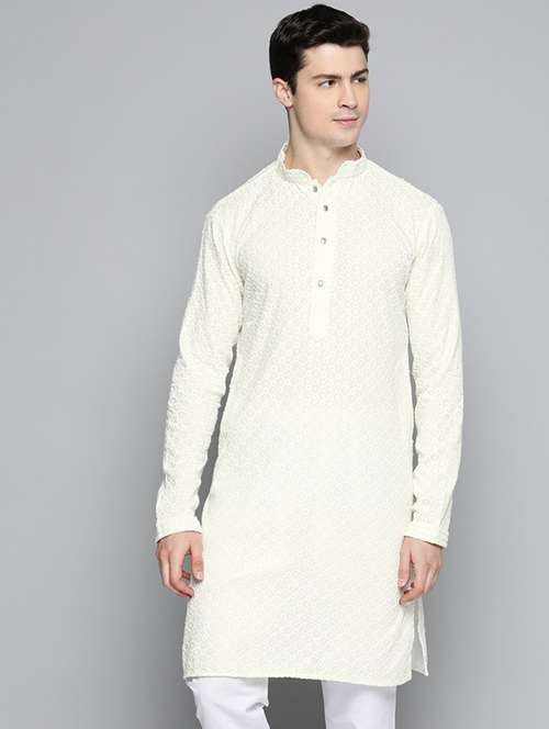 men off white embroidered long kurta