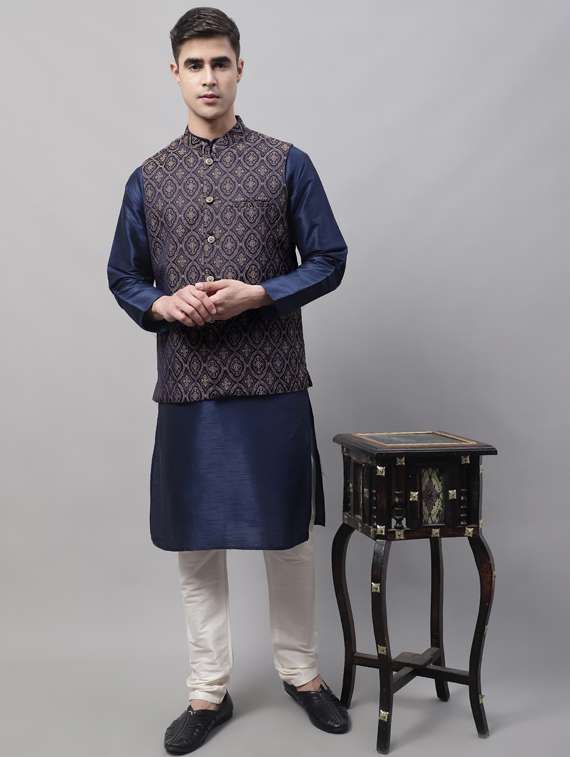 blue sleeveless self design nehru jacket - 19453995 -  Standard Image - 3