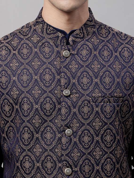 blue sleeveless self design nehru jacket - 19453995 -  Standard Image - 5