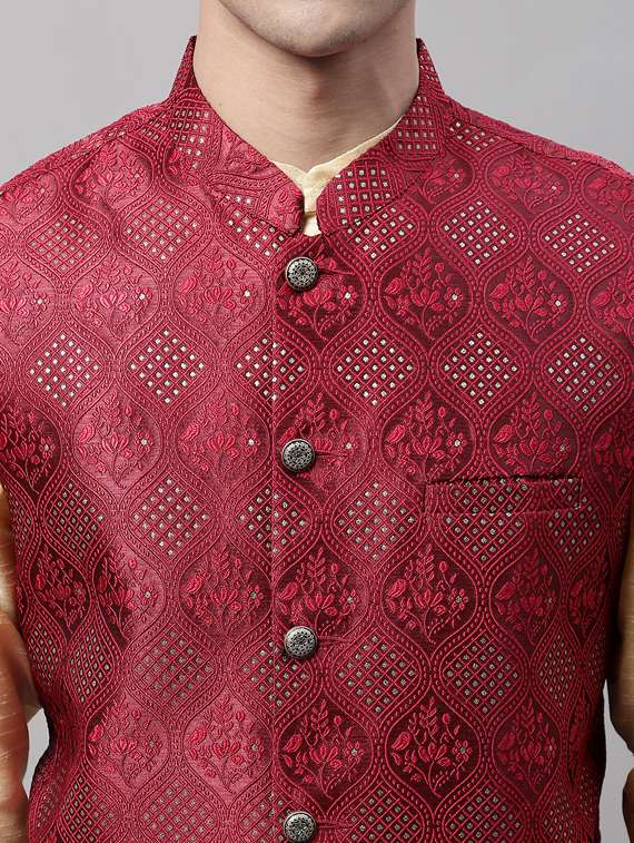 red self design nehru jacket - 19454009 -  Standard Image - 5