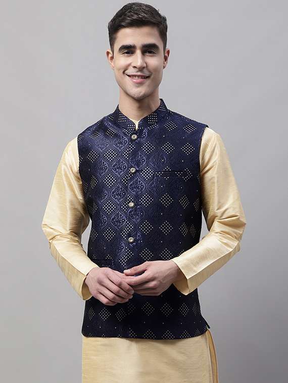 navy blue self design nehru jacket