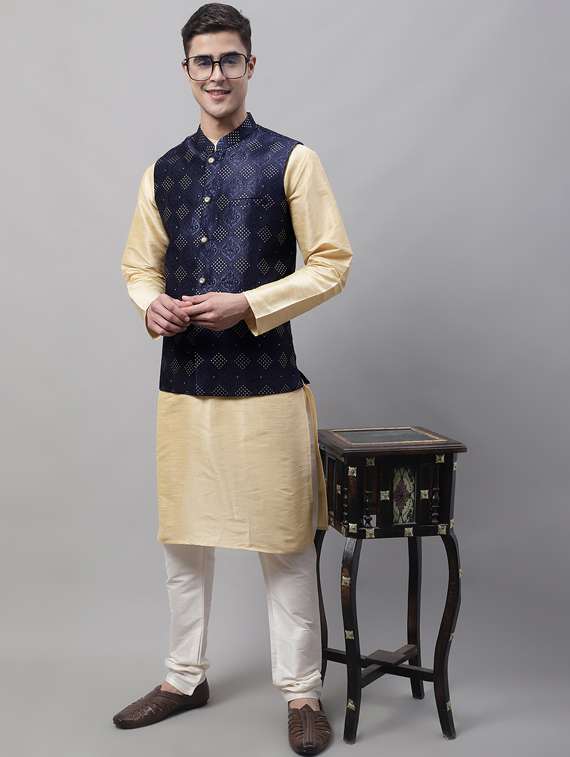 navy blue self design nehru jacket - 19454010 -  Standard Image - 3