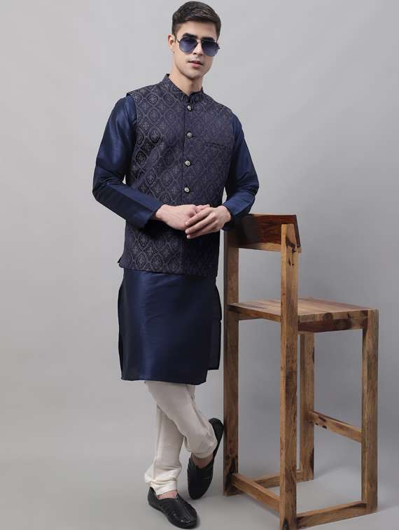 blue self design nehru jacket - 19454014 -  Standard Image - 3