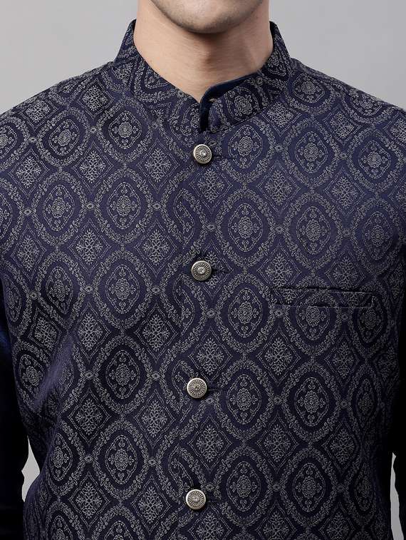 blue self design nehru jacket - 19454014 -  Standard Image - 5